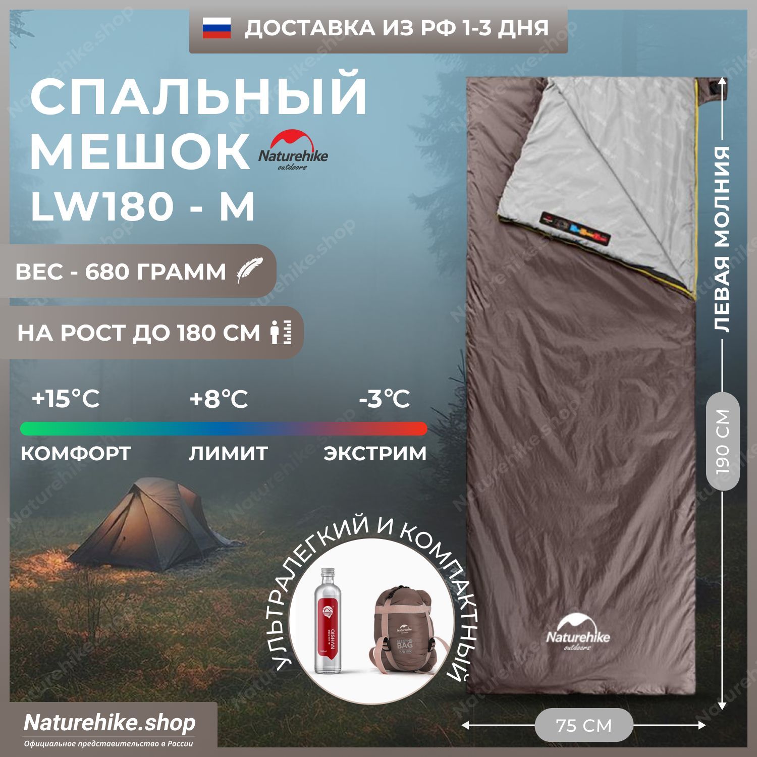 Летний Спальный мешок Naturehike LW180, 190 см, коричневый, левый спальник, до -3 C, M-Grayish Brown, NH21MSD09