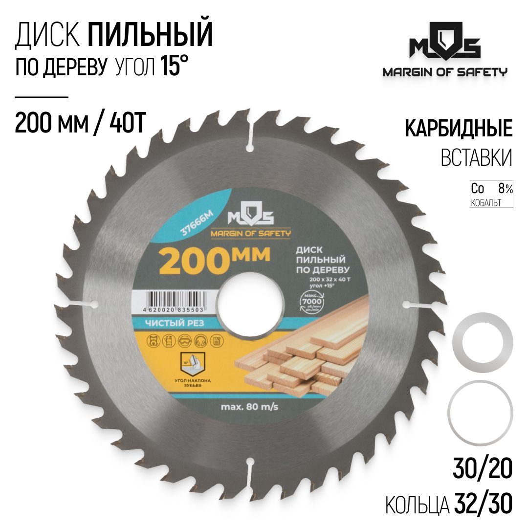 Дискпильныйподереву200х32х40T+кольца:32/30и30/20ммдляциркулярнойпилытвердосплавныезубьяВК8карбидвольфрамаугол15