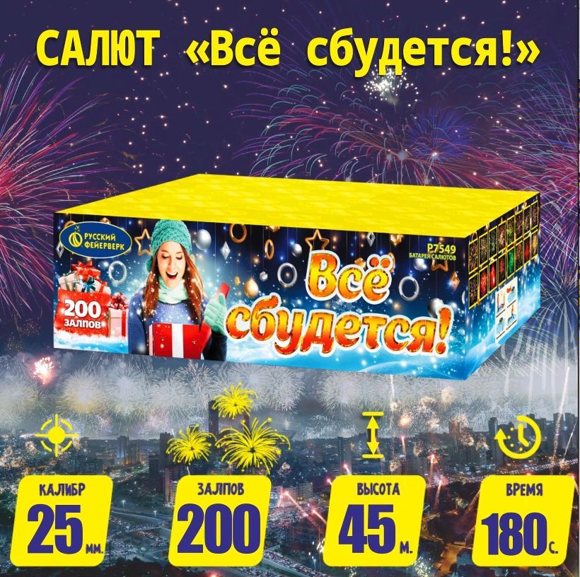 Фейерверки и салюты Р7549 Всё сбудется! / 200 залпов, калибр 1 дюйм, ТМ "Русский Фейерверк"