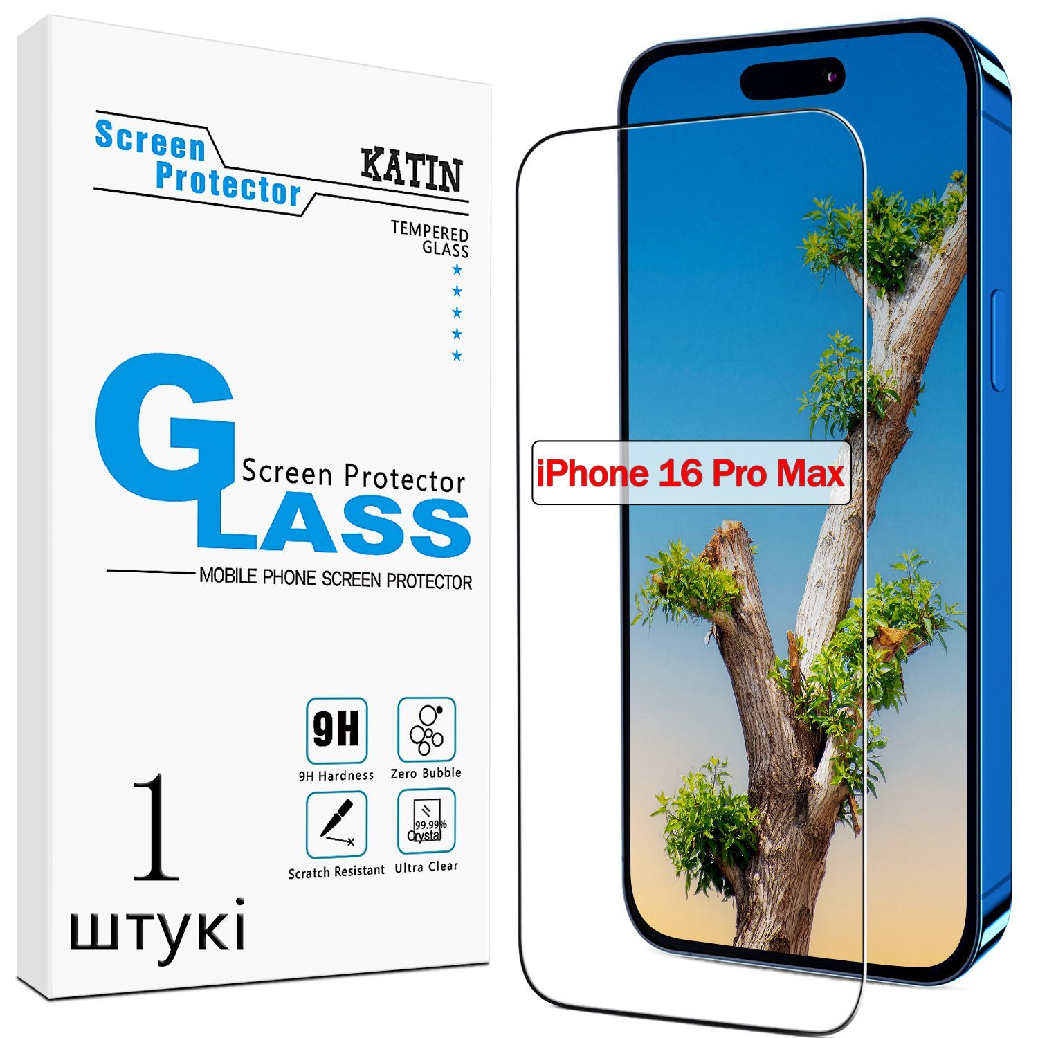 Защитноестекло,KATIN,подходящеедляAppleiPhone16ProMax,простойвустановке,шока,безпузырьков,СтеклонаАйфон16ПроМакс