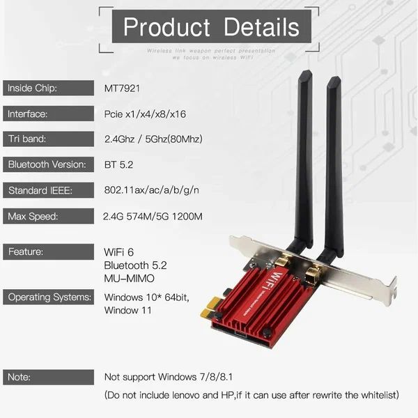 дляПКнаАМД,Wi-Fi(Mt7921)5,2/1800Мбит/с2,4ГГц,5ГГци6ГГц