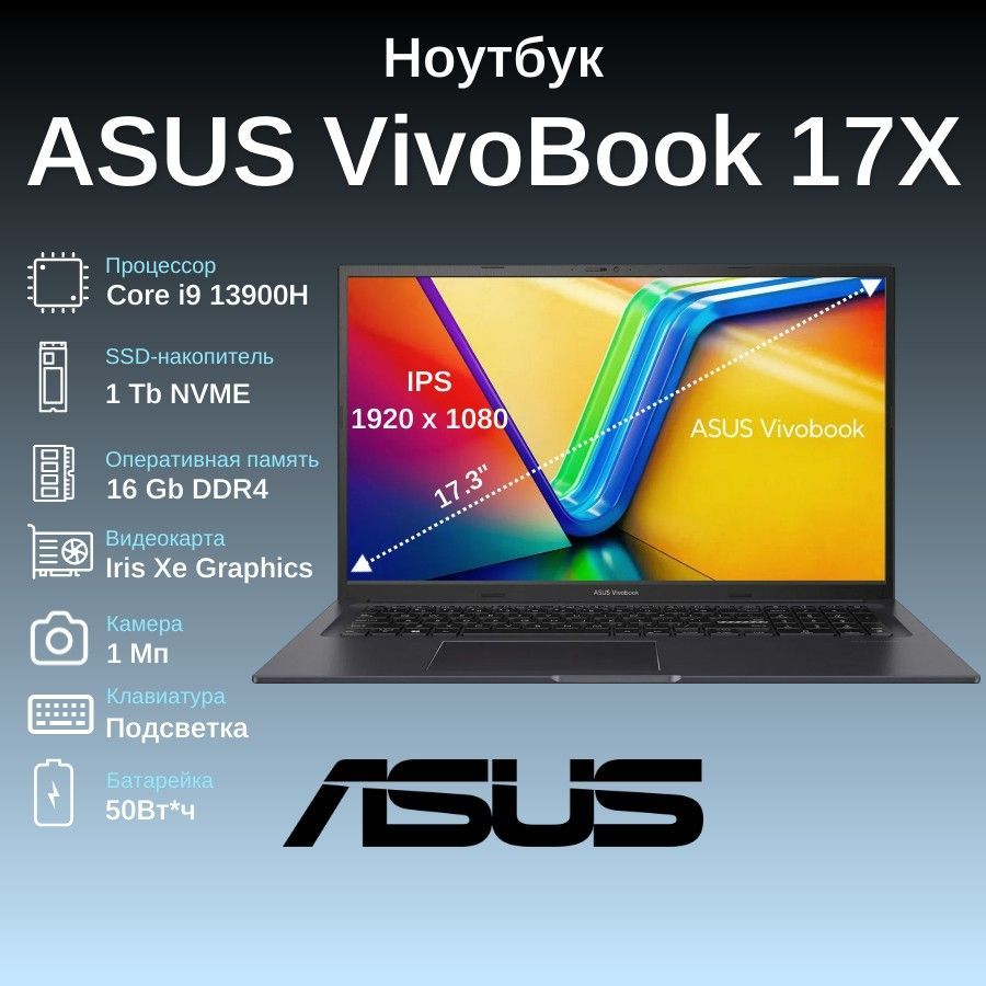 ASUSVivoBook17XK3704VA-AU102Ноутбук17.3",IntelCorei9-13900H,RAM16ГБ,SSD1024ГБ,IntelIrisXeGraphics,Безсистемы,(90NB1091-M00420),черный,Русскаяраскладка