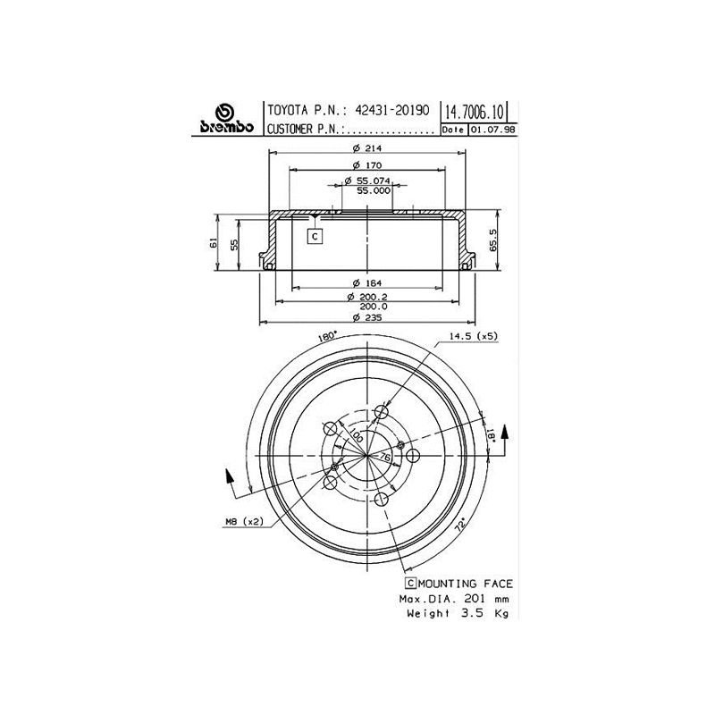 барабан тормозной зад BREMBO 14.7006.10