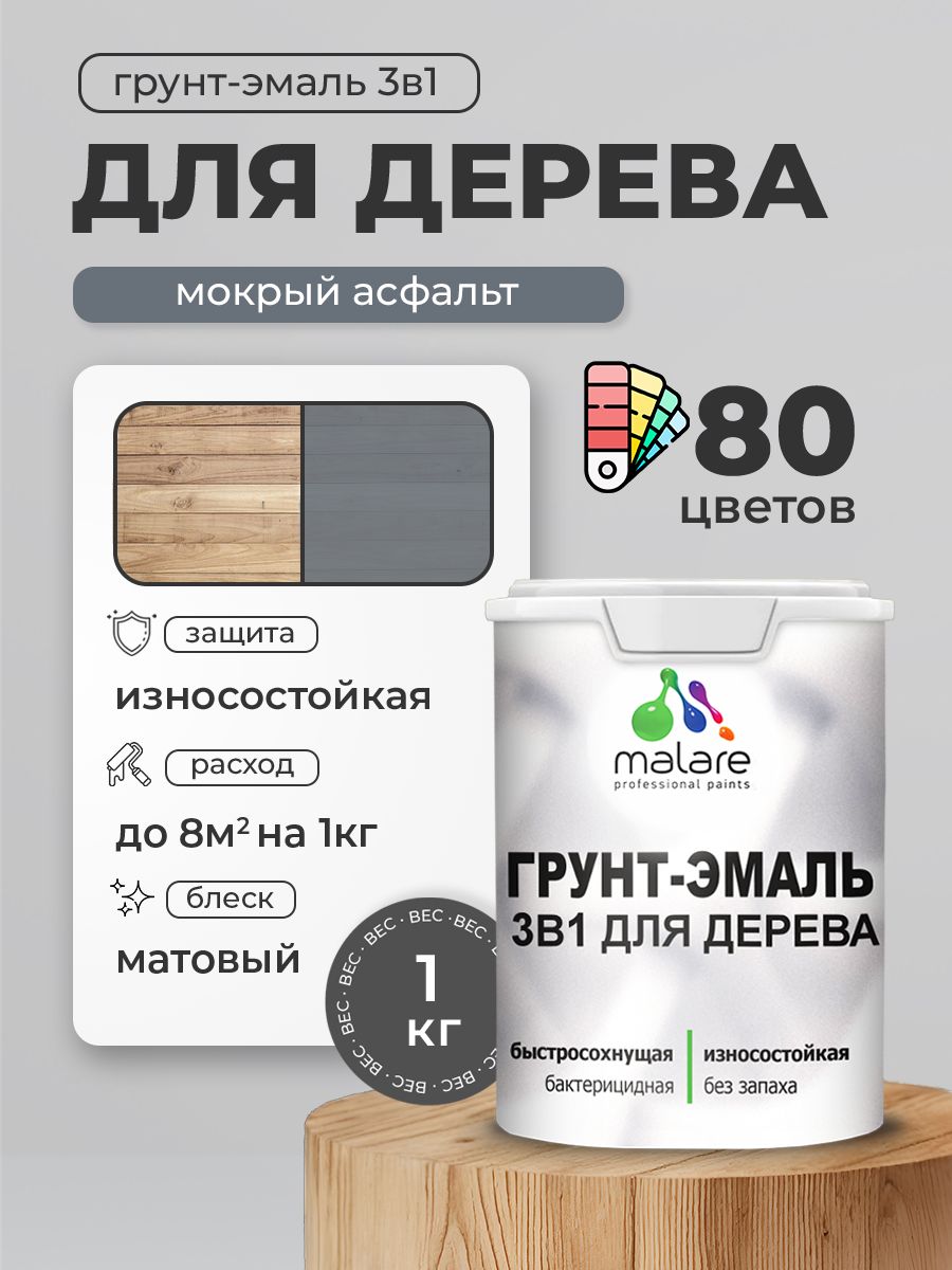 Акриловая Грунт-Эмаль 3 в 1 Malare для деревянных поверхностей с антисептическим эффектом, быстросохнущая, моющаяся без запаха матовая, мокрый асфальт, 1 кг