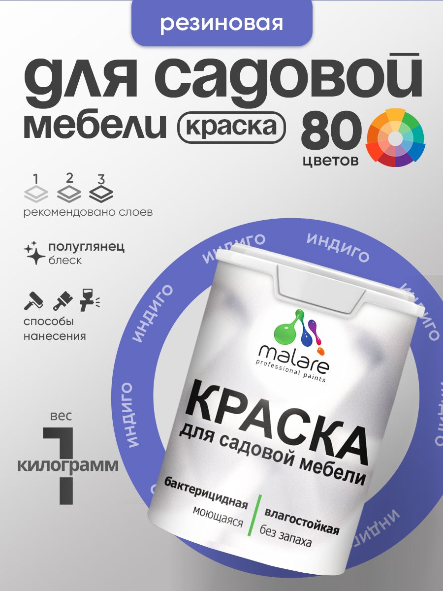 Резиновая краска Malare для садовой мебели/ по дереву, для наружных и внутренних работ/ быстросохнущая моющаяся без запаха полуглянцевая, индиго, 1 кг
