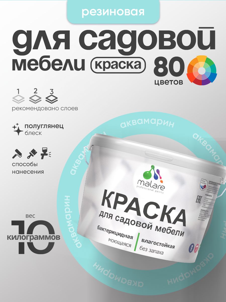 Резиновая краска Malare для садовой мебели/ по дереву, для наружных и внутренних работ/ быстросохнущая моющаяся без запаха полуглянцевая, аквамарин, 10 кг