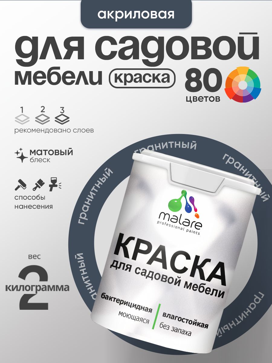 Акриловая краска Malare для садовой мебели/ по дереву, для наружных и внутренних работ/ быстросохнущая моющаяся без запаха матовая, гранитный, 2 кг