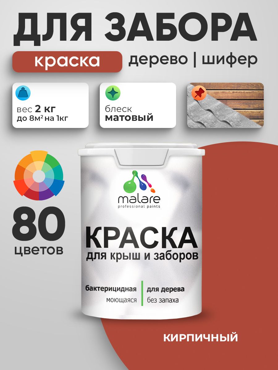 Акриловая краска Malare для деревянного забора/ по дереву для наружных и внутренних работ/ быстросохнущая моющаяся без запаха, матовая, кирпичный, 2 кг.