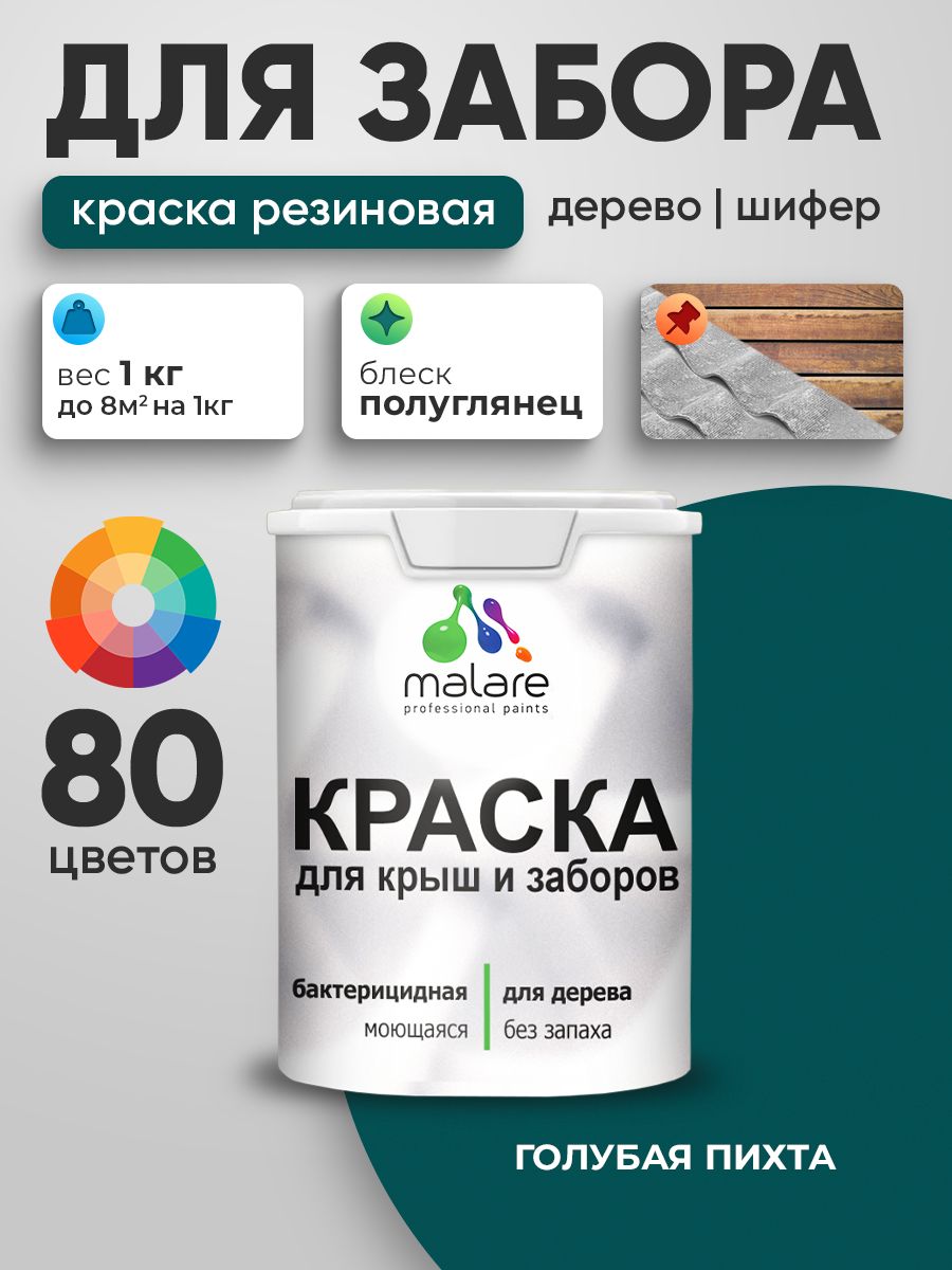 Резиновая краска Malare для деревянного забора/ по дереву для наружных и внутренних работ/ быстросохнущая моющаяся без запаха полуглянцевая, голубая пихта, 1 кг.