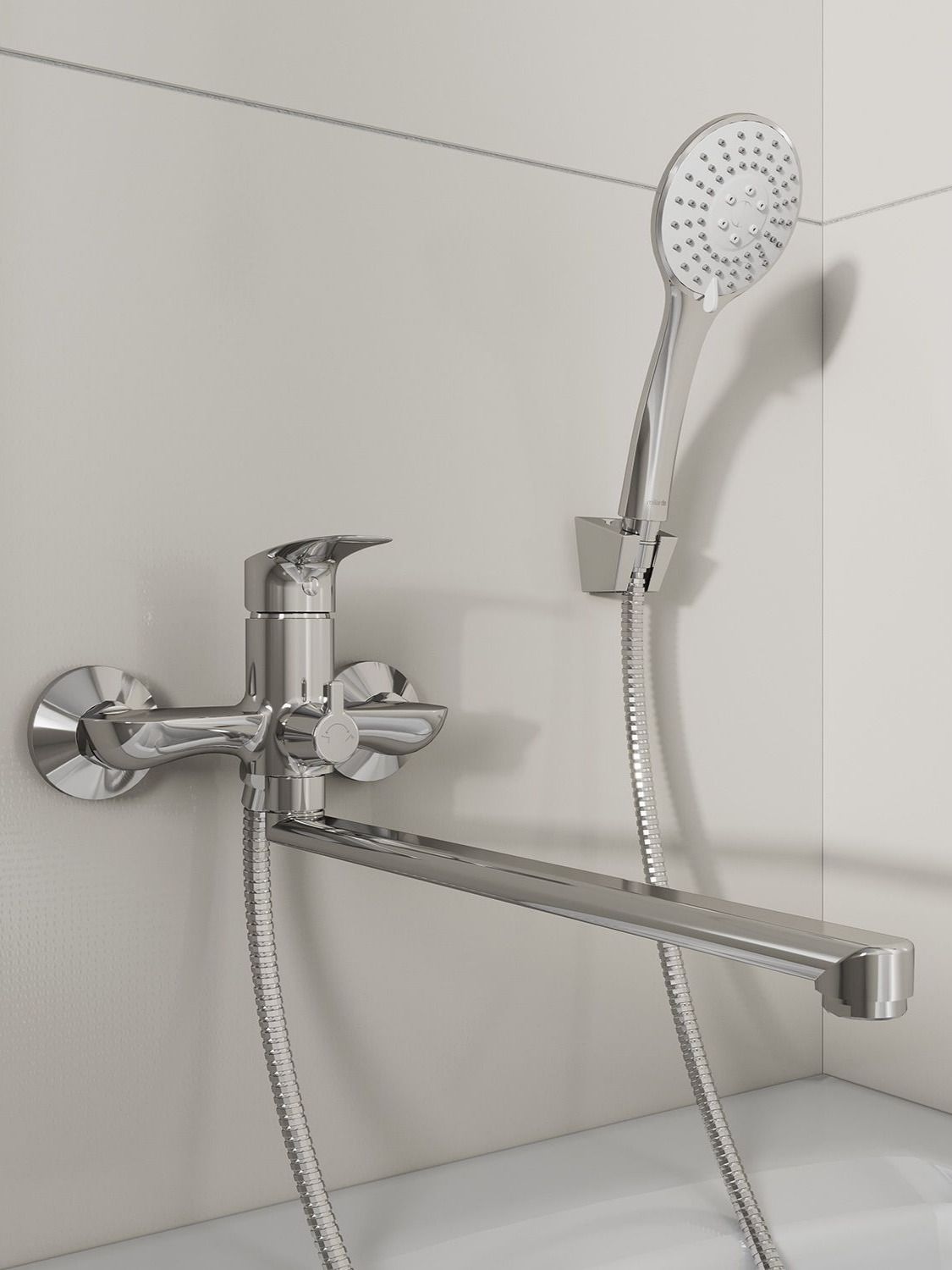 Фото товара на маркетплейсе ozon Смеситель для ванны и душа с длинными изливом, Milardo, глянцевый хром, Rora, RORSB00M10