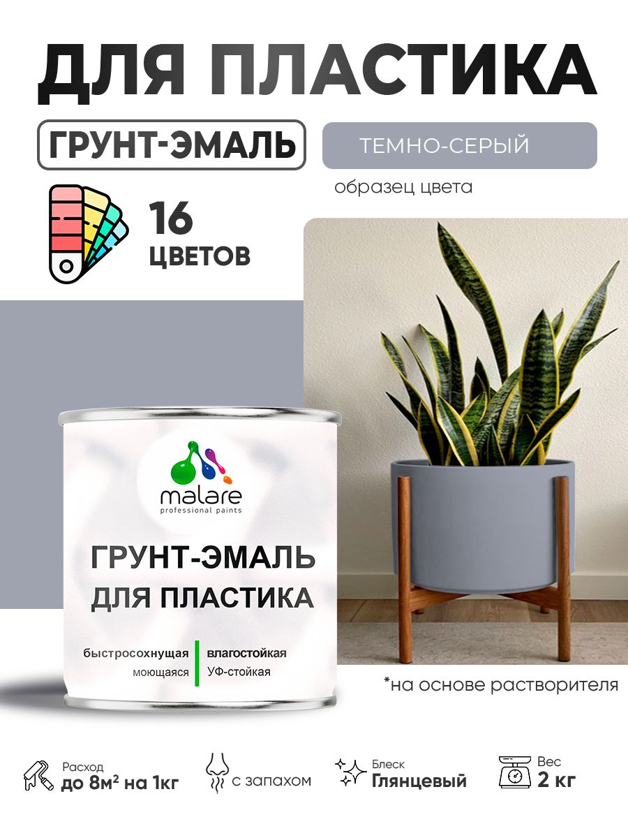 Грунт-Эмаль для пластика Malare краска для пластика/ для сайдинга, для окон и подоконников ПВХ/ для внутренних и наружных работ, быстросохнущая RAL 7040 темно-серый, глянцевая, 2 кг