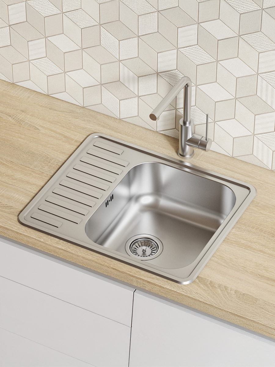 Фото товара на маркетплейсе ozon Мойка для кухни IDDIS с универсальным крылом (справа или слева), матовая, врезная, 585x485 мм, Strit S, STR58SDi77