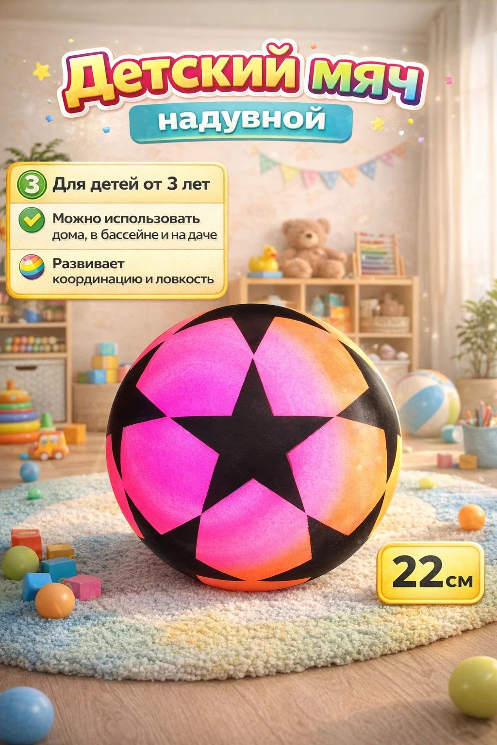 Мяч детский Звёздочки, диаметр 22 см
