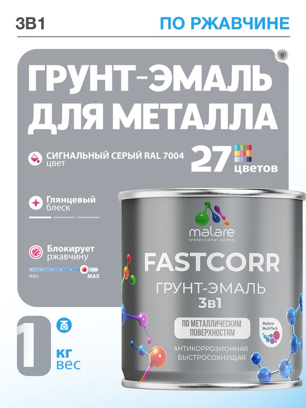 Грунт-эмаль по ржавчине 3 в 1 Malare FastCorr краска для металла, антикоррозионная износостойкая быстросохнущая RAL 7004, сигнальный серый, глянцевая, 1 кг.