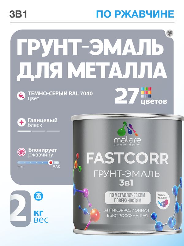 Грунт-эмаль по ржавчине 3 в 1 Malare FastCorr краска для металла, антикоррозионная износостойкая быстросохнущая RAL 7040, темно-серый, глянцевая, 2 кг.