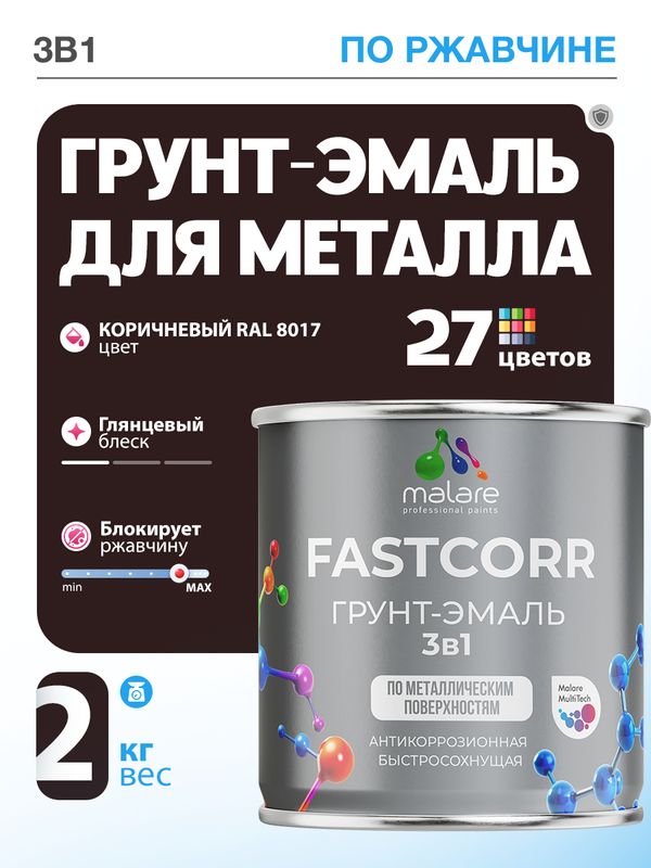 Грунт-эмаль по ржавчине 3 в 1 Malare FastCorr краска для металла, антикоррозионная износостойкая быстросохнущая RAL 8017, коричневый, глянцевая, 2 кг.