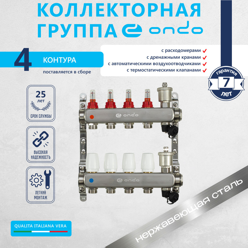 Коллектор для теплого пола и радиаторов ONDO на 4 выхода с расходомерами и термостатическими клапанами #1