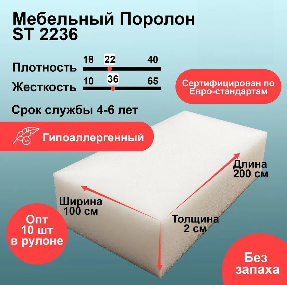 Поролон ST 2236 лист 20x1000x2000мм умеренной жесткости, мебельный ...