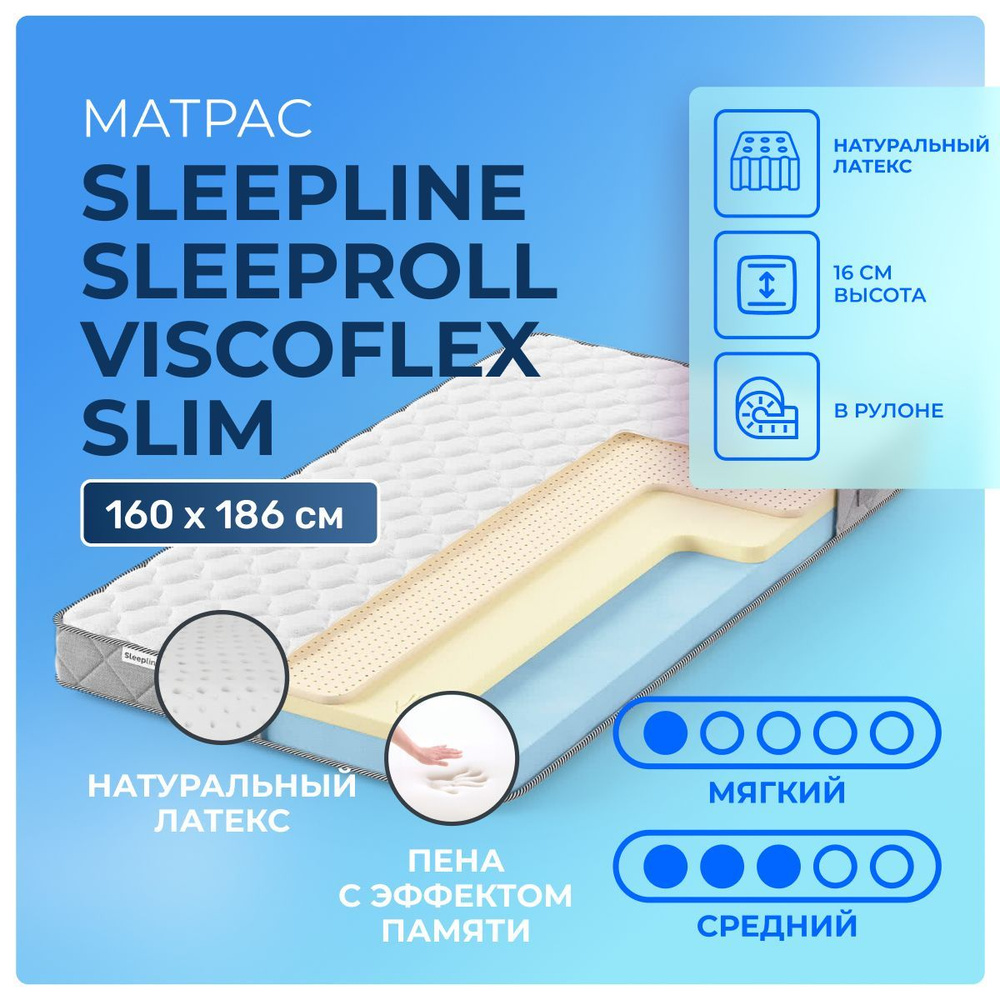 Матрас 160х186 Sleepline SleepRoll ViscoFlex Slim, беспружинный, двусторонний с разной жесткостью, мягкий, #1