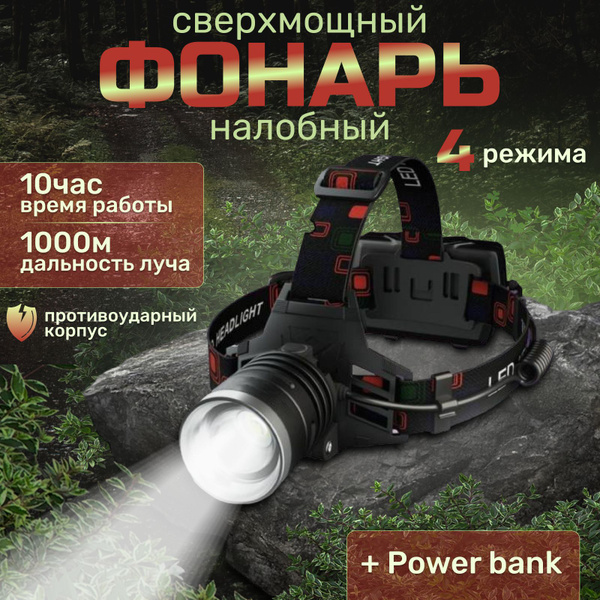 Фонарь налобный аккумуляторный светодиодный LED, мощный с зумом ...