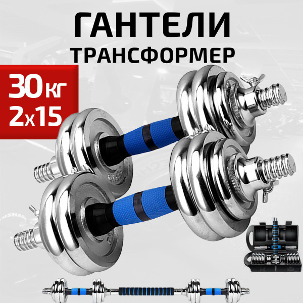 Гантели OneFit стальные в кейсе, 2 шт. по 15 кг, серый, синий - купить ...
