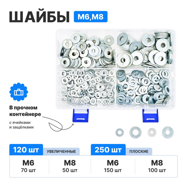 Набор ШАЙБ М6,М8 усиленная, увеличенная / М6, М8 плоская в контейнере ...