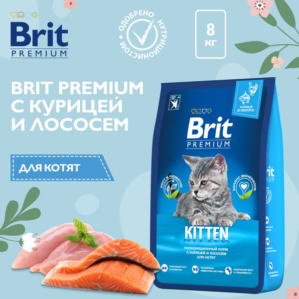 Корм сухой для котят Brit Premium Cat Kitten с курицей и лососем, 8 кг ...