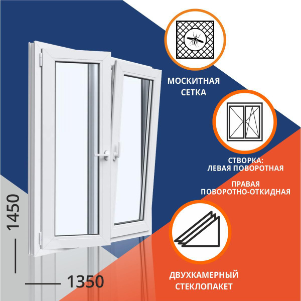 Окно двухкамерное 1450x1350 мм двухстворчатое: левая поворотная, правая ...
