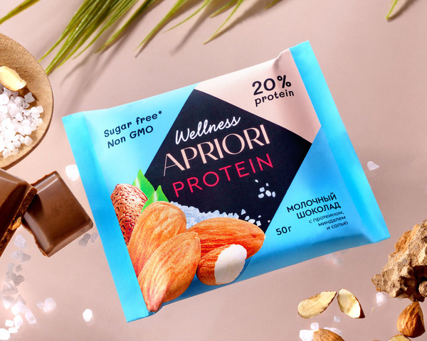 Шоколад APRIORI Wellness плитка молочная с протеином, миндалем и солью ...