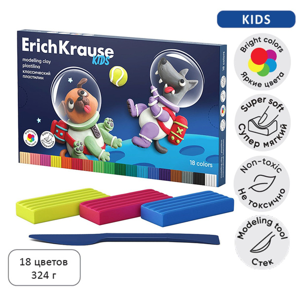 Пластилин 18 цветов, 324 г, ErichKrause "Kids Space Animals", со стеком ...