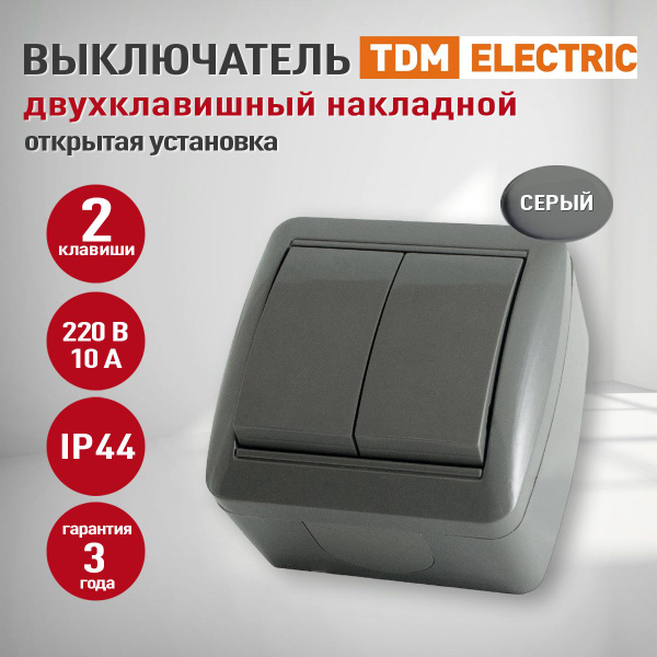 Выключатель накладной двухклавишный серый, IP 44, выключатель TDM ...