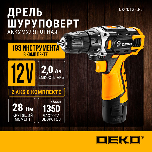Аккумуляторная дрель-шуруповерт DEKO DKCD12FU-Li в кейсе + набор 193 ...