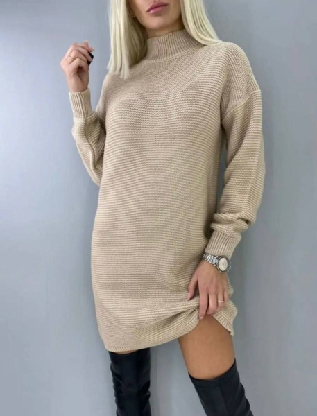 Платье свитер длинный с горлом оверсайз вязаное, Женский, Демисезон ...