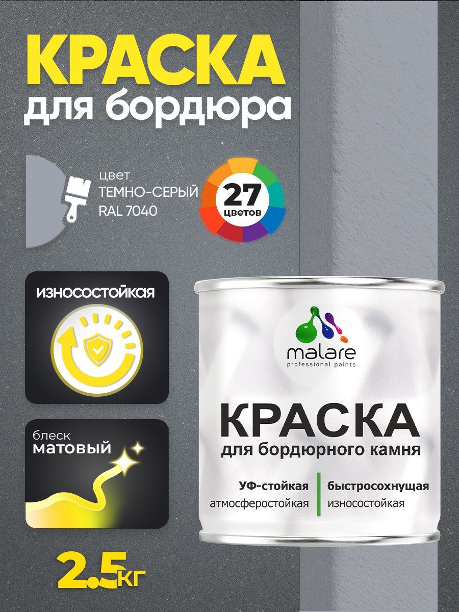 Краска Malare для бордюрного камня, тротуарных камней и плит, износостойкая, быстросохнущая, матовая RAL 7040, темно-серый, 2,5 кг