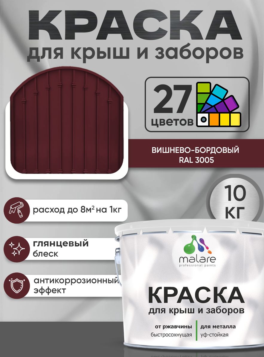 Краска по металлу Malare для крыш и заборов по ржавчине, для наружных работ, быстросохнущая износостойкая RAL 3005 вишнево-бордовый, глянцевая, 10 кг