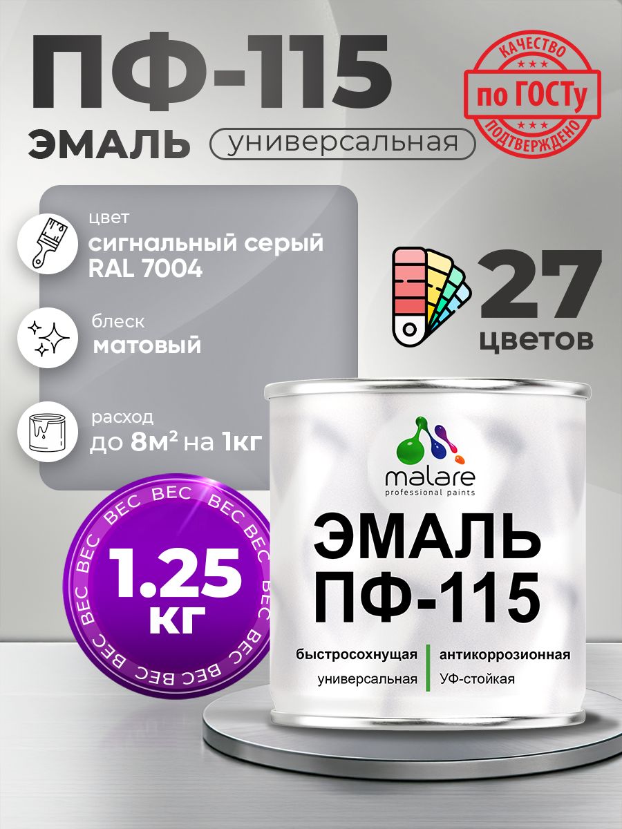 Эмаль Malare ПФ-115 краска для металла по дереву для минеральных поверхностей для внутренних и наружных работ антикоррозионная быстросохнущая, RAL 7004, сигнальный серый, матовая, 1,25 кг