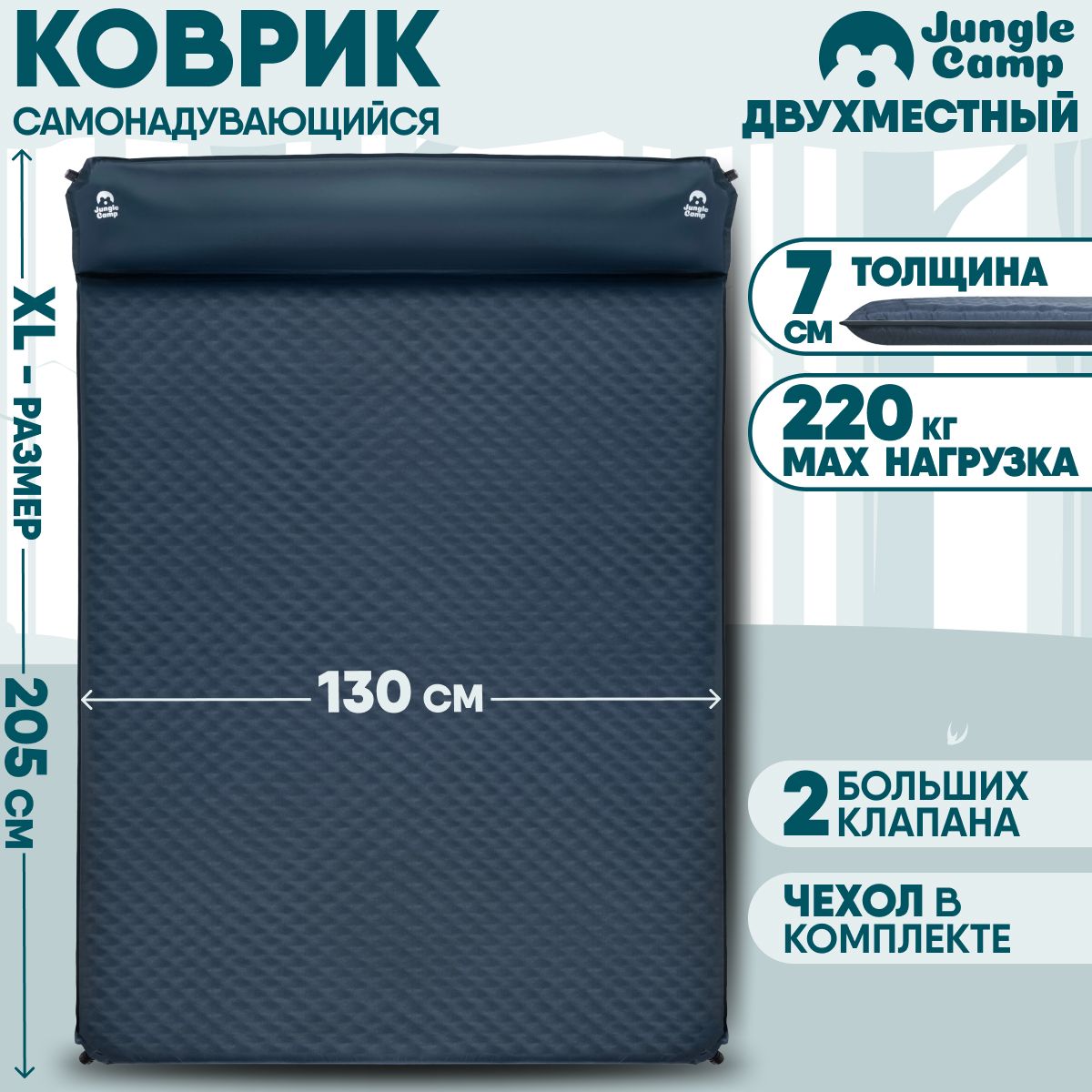 Ковриксамонадувающийсякемпинговый,двухместныйсподушкойJUNGLECAMPDreamerDouble70,205x130x5см,серый