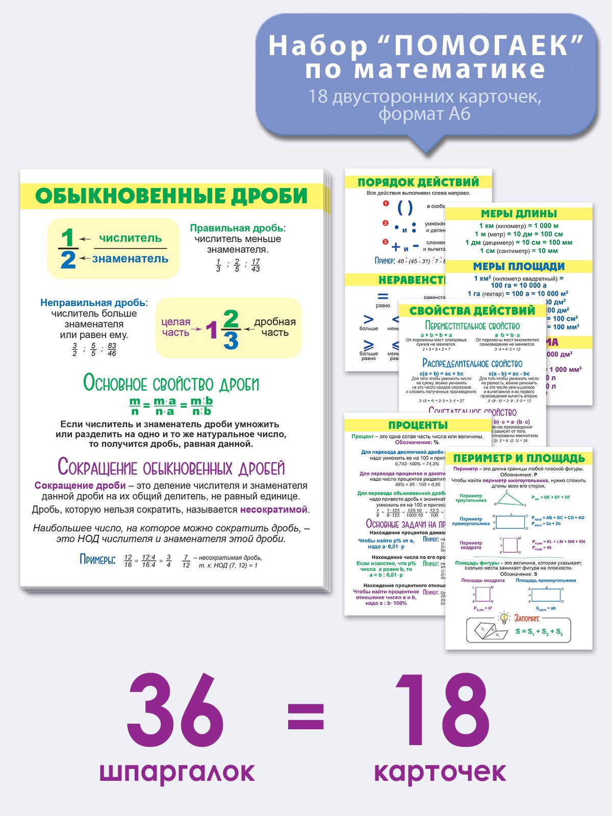 Шпаргалки обучающие по математике, начальный уровень, 18 шт