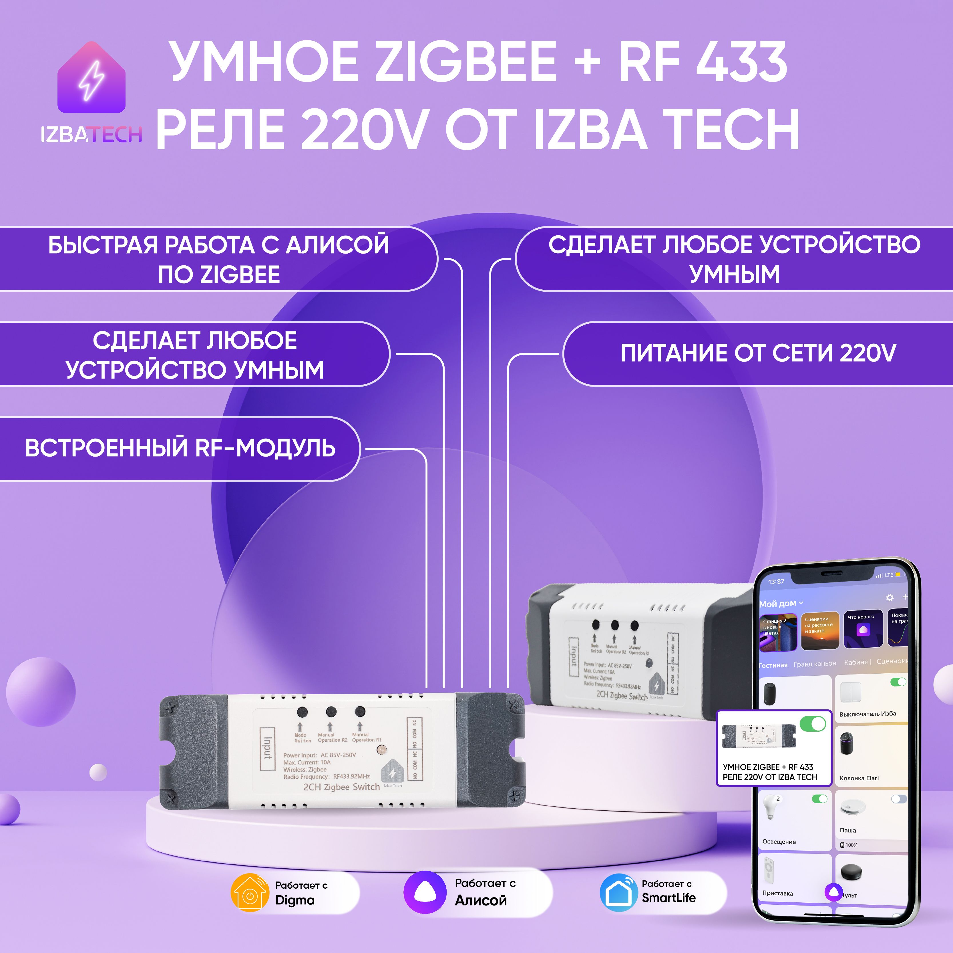 Умное реле контроллер с корпусом на 2 канала для Яндекс Алисы от Tuya  Zigbee+RF 433, мощность 2200вт подходит для умных ворот или сухого контакта  - купить с доставкой по выгодным ценам в