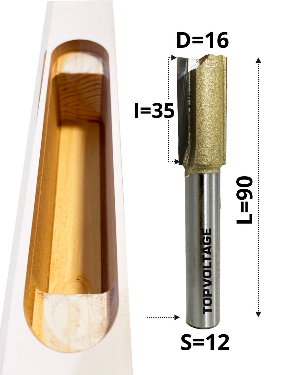 фреза пазовая прямая для врезки скрытых петель размеры 16х35х90 мм., хвостовик 12 мм., TOPVOLTAGE 103216