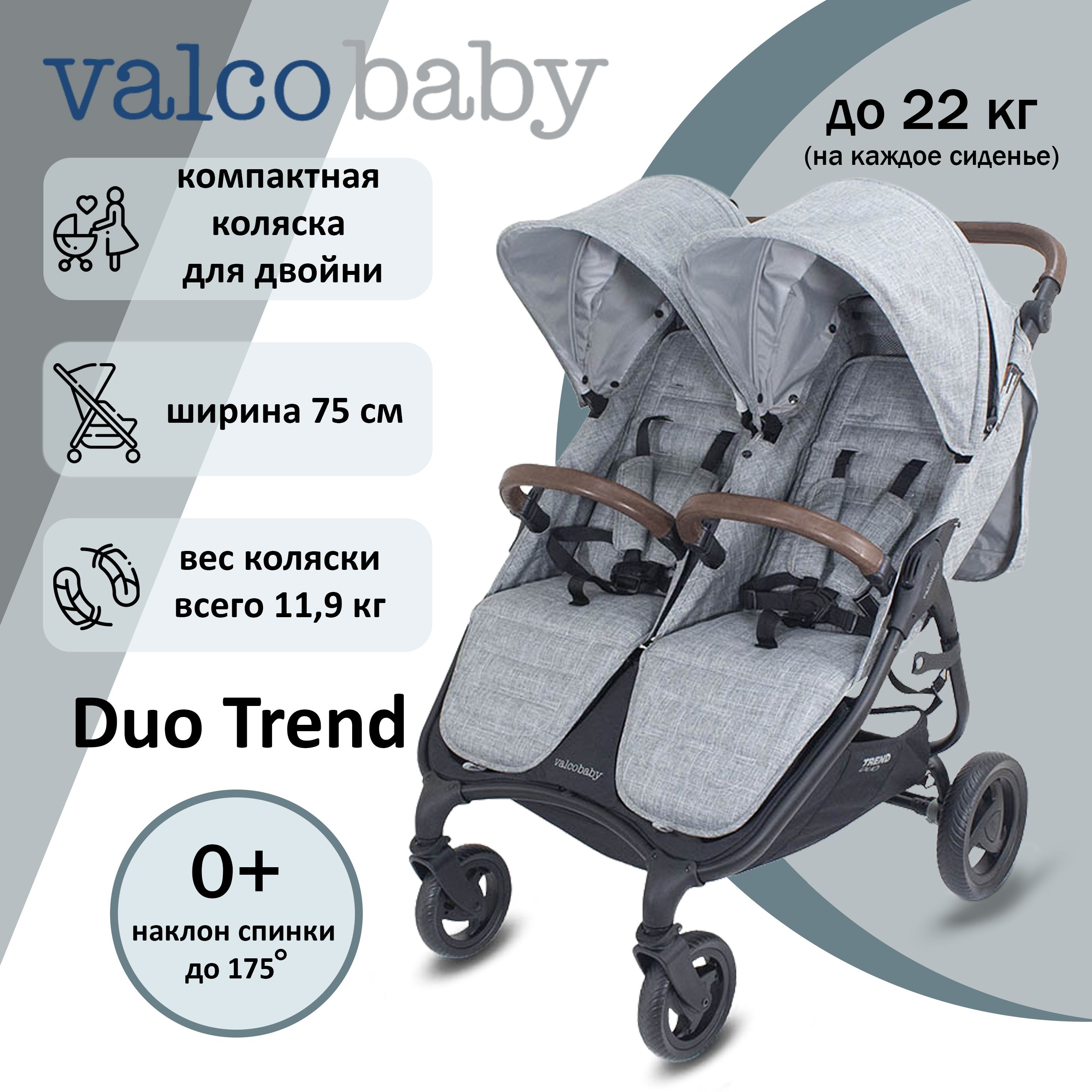 Прогулочная коляска для двойни всесезонная Valco Baby Snap Duo Trend цвет:  Grey Marle