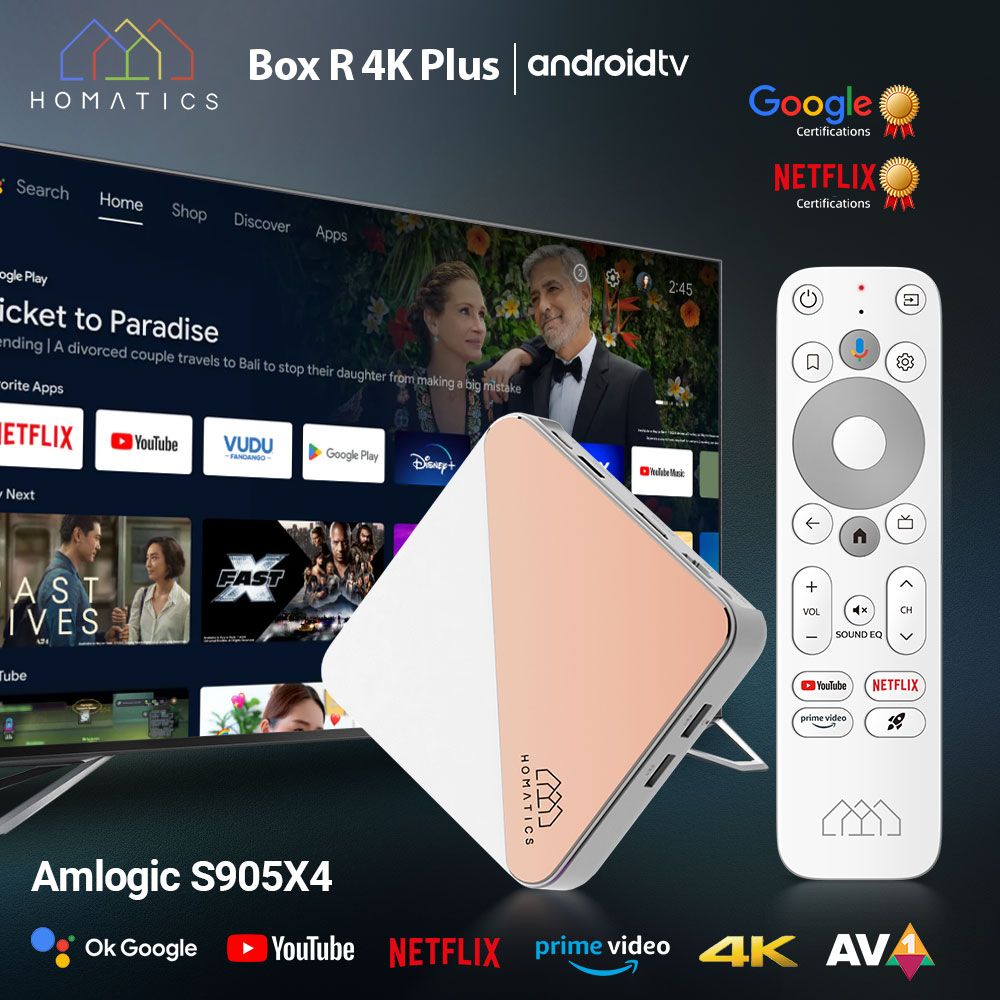 СмартТВПриставкаHOMATICSBoxR4KPlus4ГБ/32ГБAmlogicS905Y4Androidtv11ПоддержкаDolbyAtmos4KAV1H.265Wifi6BT5.0СертифицированоGoogleиNetflixМедиаплеерAndroidtvBox,розовоезолото