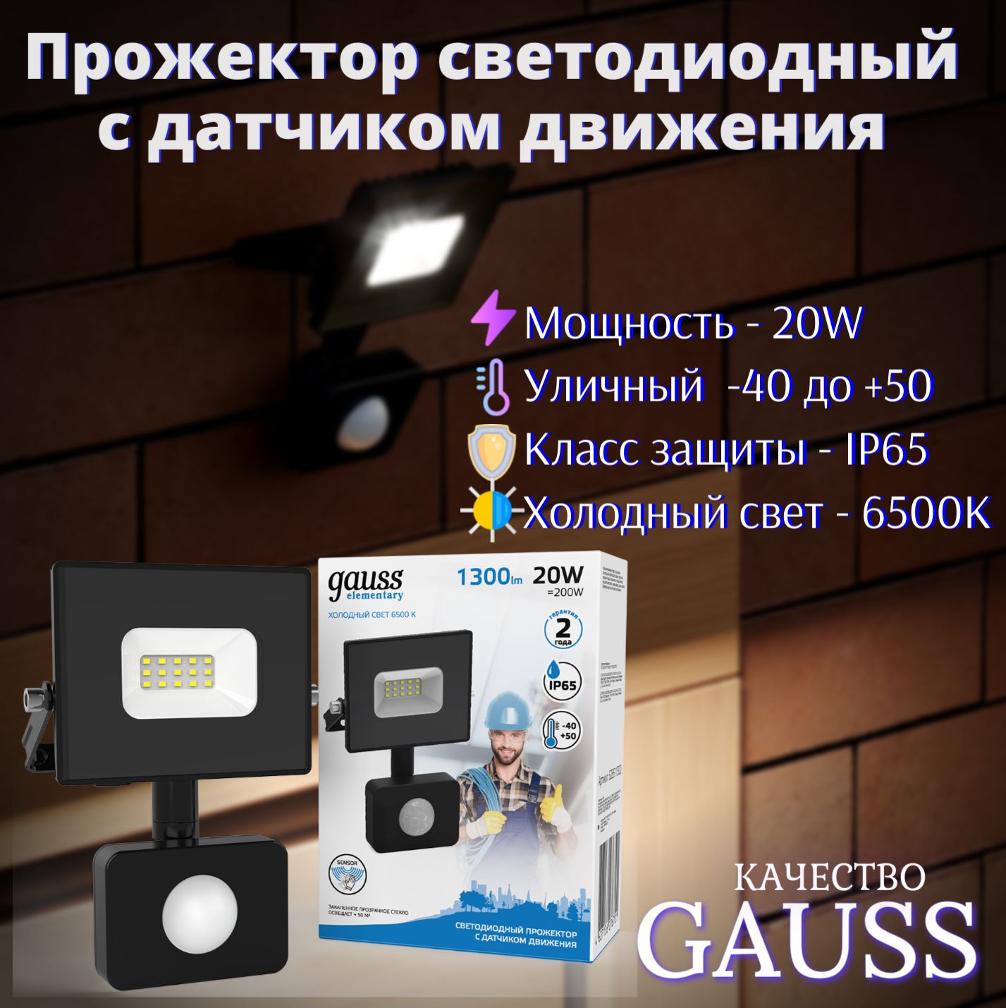 Прожектор светодиодный с датчиком движения 20W холодный свет 6500К 220V IP65 черный Gauss Elementary-S