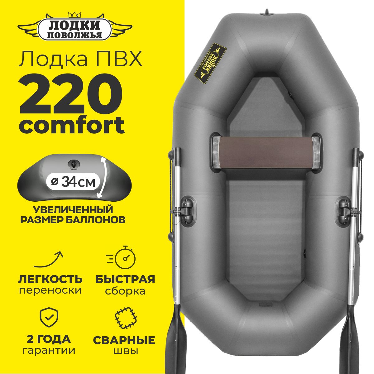 Лодка надувная для рыбалки ПВХ Лодки Поволжья 220 Comfort, одноместная гребная, графит