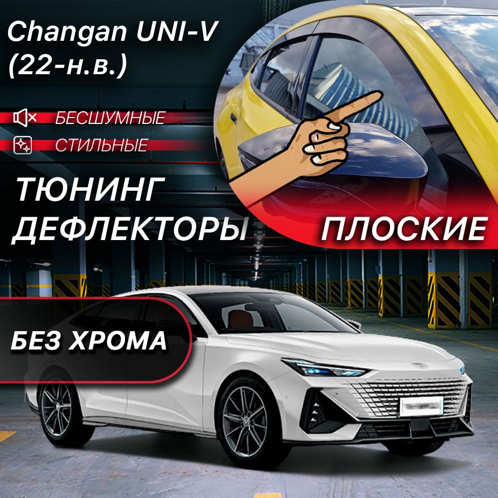 Плоские тюнинг дефлекторы для окон Changan UNI-V (2022-н.в) Ветровики на Чанган Юни Ви / 2d дефлекторы. Комплект 6 шт.