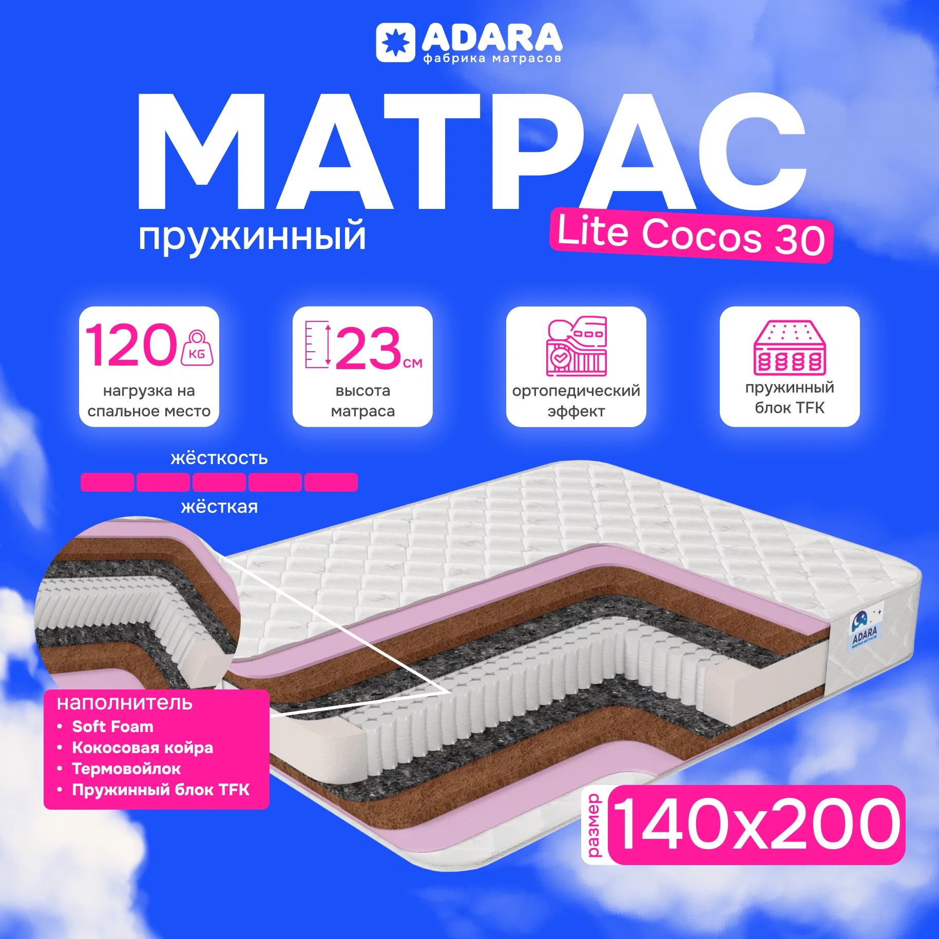 ADARADreamsМатрасCocos30,Независимыепружины,140х200см