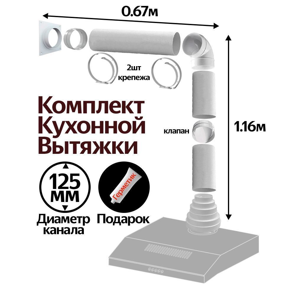 Комплект кухонный вытяжки из ПВХ d125, длинна 1.83м, К2015