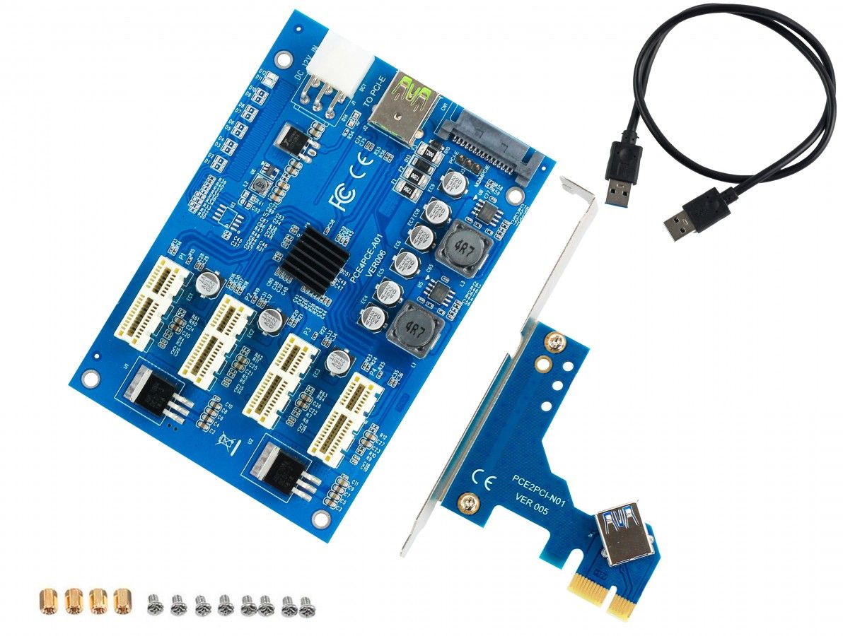 Адаптер расширитель PCI-E 1x на 4 PCI-E 1x c USB 3.0 питанием 6 PIN и SATA 3.0 6 GB/s GSMIN PX25 (Синий)