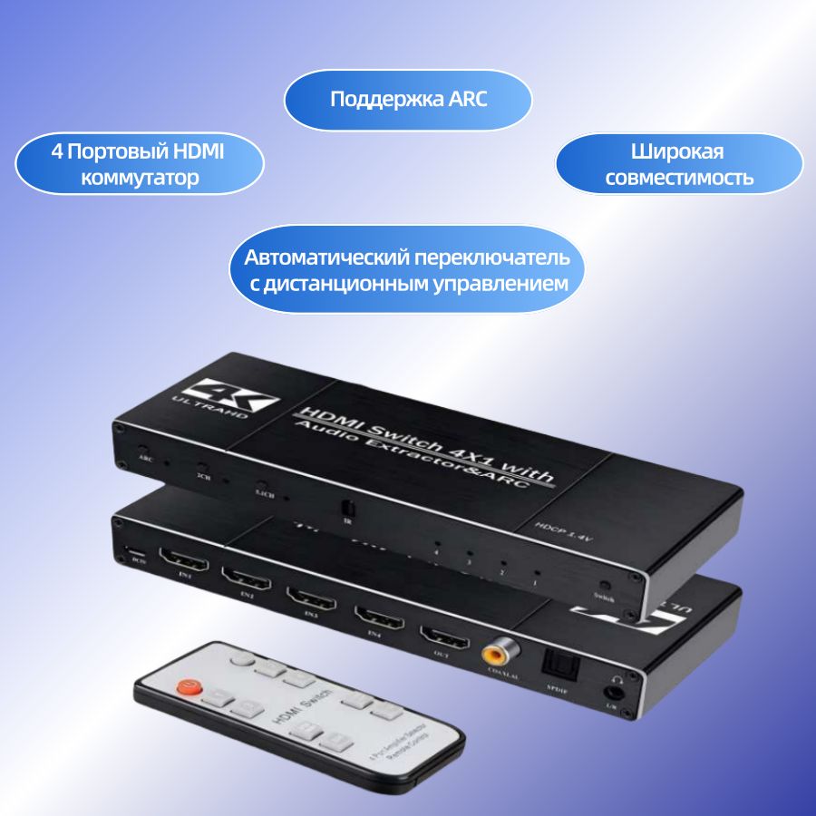 HDMI Switch переключатель 4x1 с извлечением звука 3,5, toslink и ARC