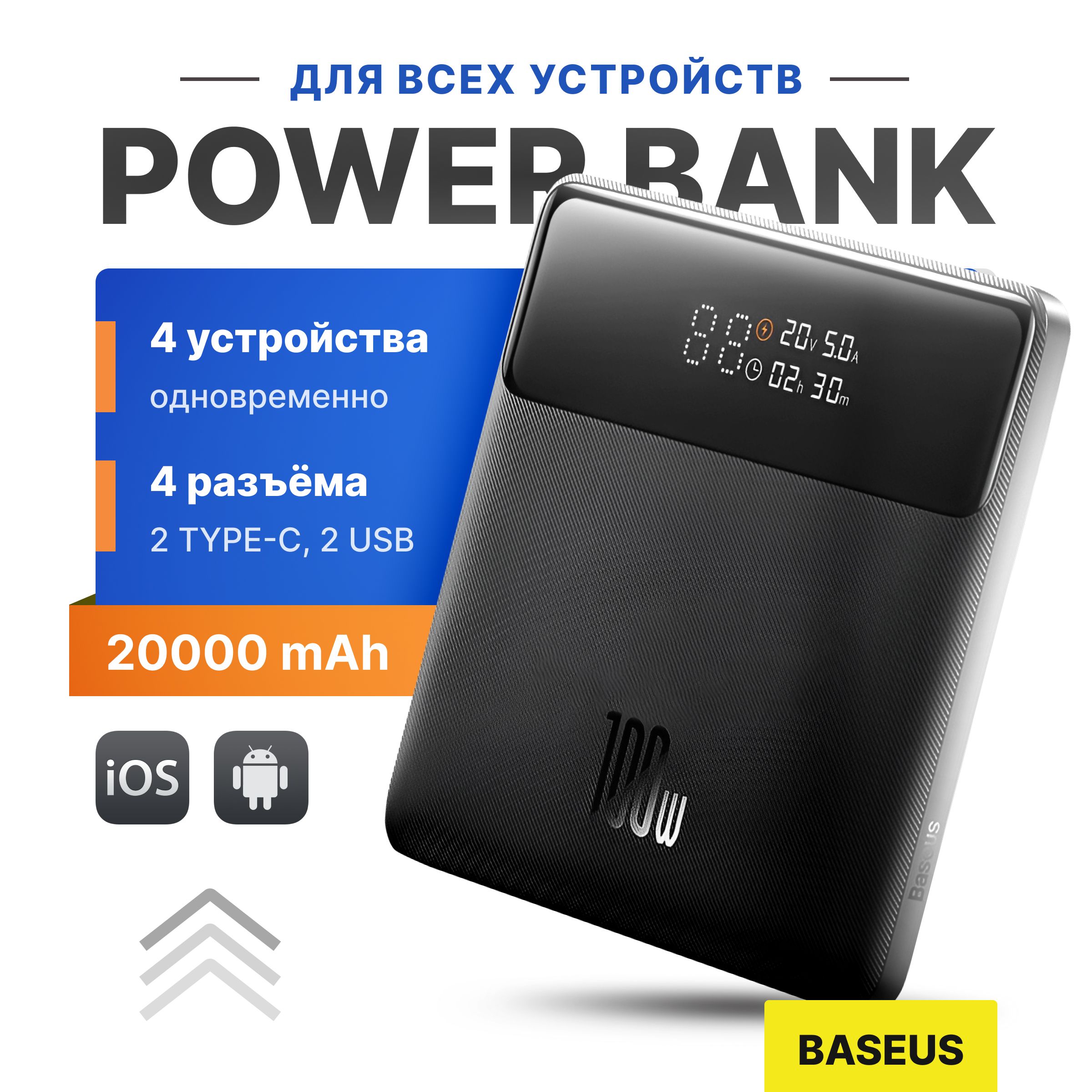 ВнешнийаккумуляторBaseusBladeHDPowerDigitalDisplay,20000mAh,100W,универсальный,PPDGL-01